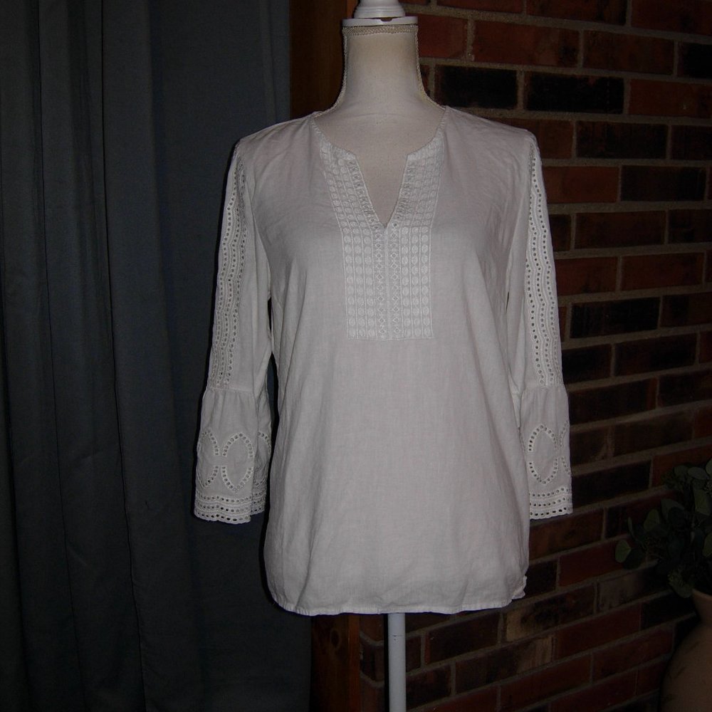 Cynthia Rowley White Linen Blend Bell Sleeve Split Neck Top M